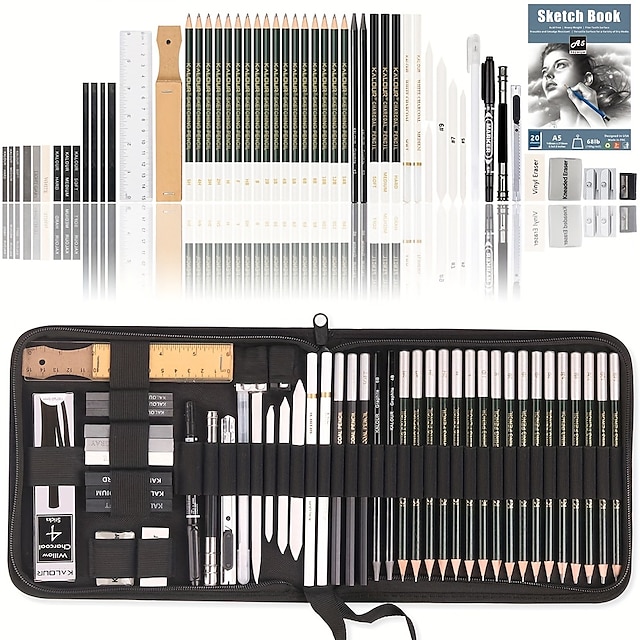 Kalour kit de lápis de desenho com 54 pacotes com caderno de desenhoinclui lápis de carvão de grafite e ferramentas para artistas suprimentos de desenho de arte profissional para adultos estudantes