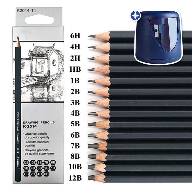  Set of 14Pcs Sketch Pencils and Electric Pencil Sharpener USB, Drawing Pencils Sketch Pencils Graphite Pencils Art Pencils School Supplies