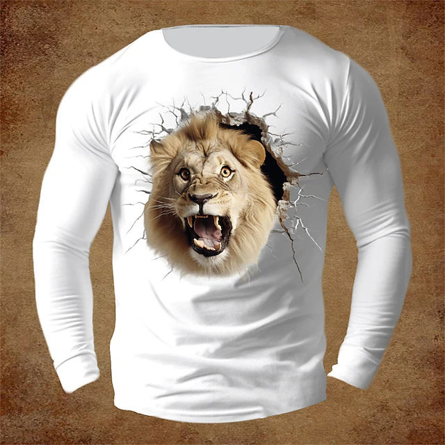 Men's Long Sleeve T-Shirt with 3D Roaring Lion Graphic, Wild Animal Breakthrough Design Crew Neck Casual Top 7