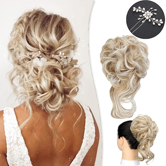  Messy Bun Hair Piece Long Wavy Tousled Updo Hair Bun Extensions Wavy Hair Wrap Ponytail Hairpieces Hair Scrunchies with Elastic Hair Band for Women Girls with U-shaped Clip Hair Styling Accessories