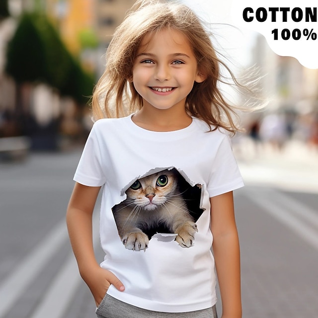  女の子 3D 猫 Ｔシャツ シャツ 半袖 3Dプリント 夏 活発的 ファッション かわいいスタイル コットン１００％ 子供 3〜12年 クルーネック アウトドア カジュアル 日常 レギュラー
