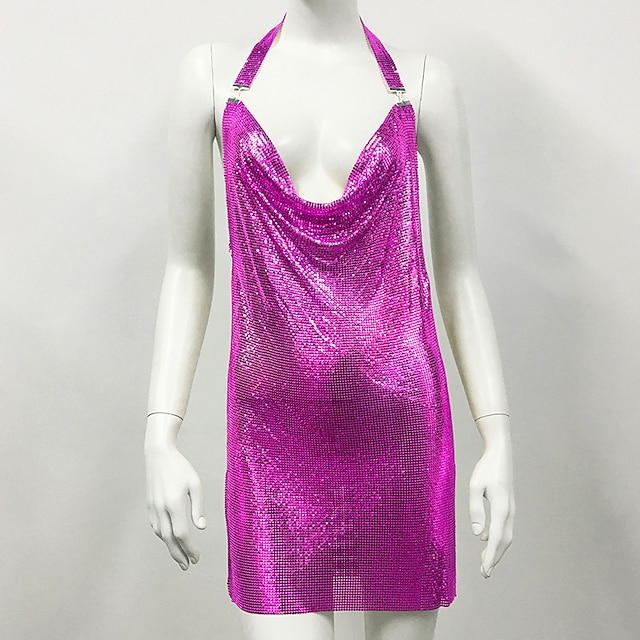 Metallic Backless Sparkle Sexy Halter Body Chain Mini Dress Disco Women ...