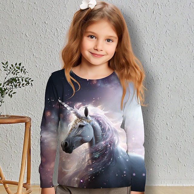  dívčí 3d tričko jednorožec dlouhý rukáv 3D tisk jaro podzim aktivní móda roztomilý polyester děti 3-12 let posádka krk venkovní ležérní denní regular fit