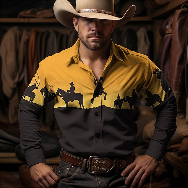  Cactus Cowboy Vintage western style Men's Shirt Western Shirt Outdoor Street Casual Daily Fall & Winter Turndown Long Sleeve Yellow Green khaki S M L Shirt