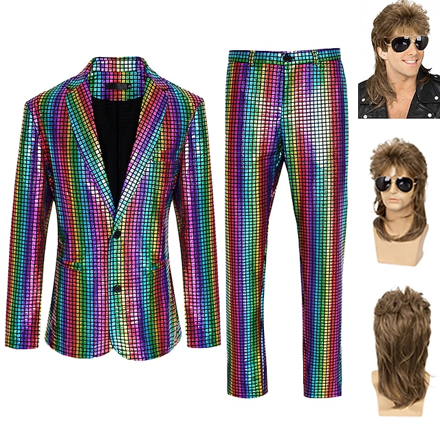  szett fémes öltönyökkel& blézer nadrág& nadrág márna paróka 3 db 1980-as évek diszkó rocksztár ruhák abba cosplay jelmez álarcos előadás party klub