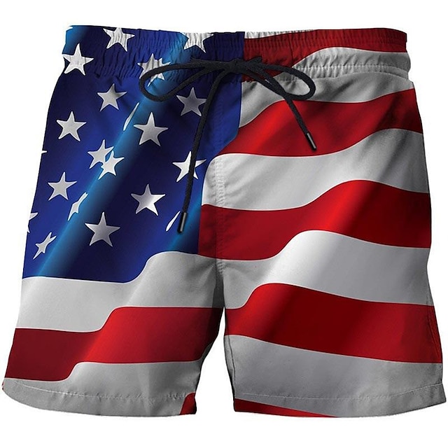  Men's American Flag Board Shorts Swim Shorts Swim Trunks Mid Waist Hawaiian Casual Holiday Beach Drawstring with Mesh lining Elastic Waist Designer Clothing Apparel