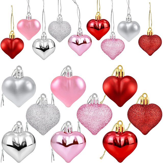  36 piezas de adornos en forma de corazón para el día de San Valentín, decoraciones de corazón de San Valentín, adornos colgantes de árbol de San Valentín con purpurina plateada roja y rosa, adornos