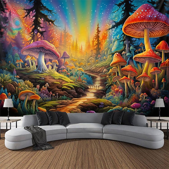  Mushroom Pathway Blacklight Tapestry UV Reactive Glow in the Dark Trippy Psychedelic Misty Nature Landscape Hanging Tapestry Wall Art Mural for Living Room Bedroom
