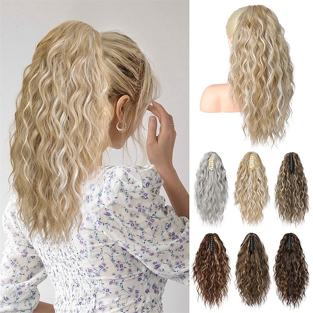  Ponytail Extension Claw Clip In Ponytail Extensions Multi Layered Long Wavy Curly Ponytail Clip On Fake Hair Soft Natural Synthetic Hairpieces for Women Daily - Ash Blonde with Highlights
