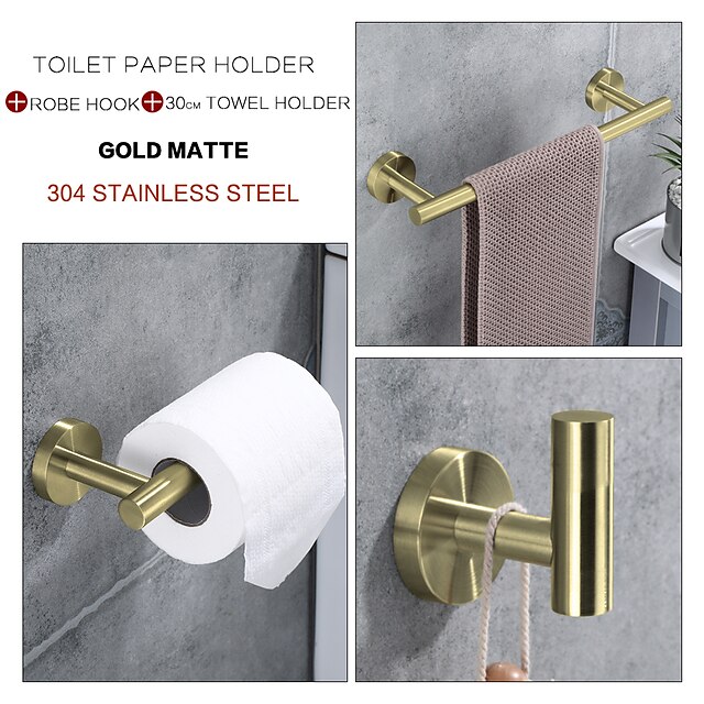  3-delt håndklædeholder i rustfrit stål - inkluderer håndklædestang, toiletpapirholder og krog - fås i 4 finish: poleret krom, børstet nikkel, sort og børstet guld