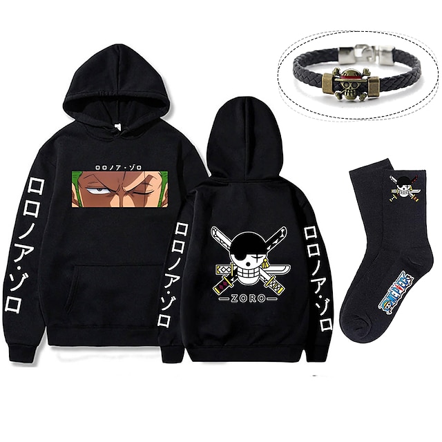  set con roronoa zoro felpa oversize con cappuccio e bracciale in pu calzini 3 pezzi abiti one piece scimmia d. stampe grafiche anime rufy che stampano stile harajuku per uomo, donna, adulto, unisex,