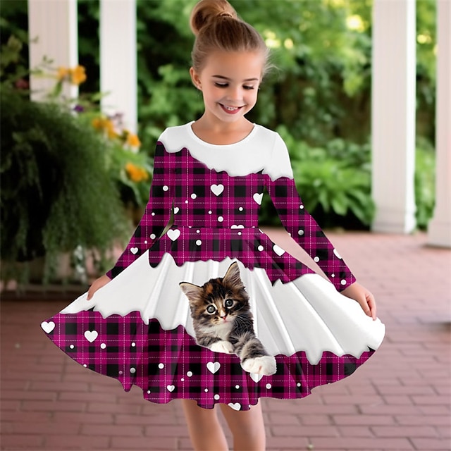  Αγ. Πατρίκιος Κορίτσια » 3D Καρό Γάτα Φόρεμα Μακρυμάνικο 3D εκτύπωση Άνοιξη Φθινόπωρο Αθλήματα & Ύπαιθρος Καθημερινά Αργίες χαριτωμένο στυλ Καθημερινό Πανεμορφη Παιδιά 3-12 χρόνια