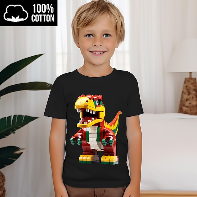  Gutt 3D Tegneserie Dinosaur T-skjorte Skjorter Kortermet 3D-utskrift Sommer Aktiv Sport Mote 100 % bomull Barn 3-12 år Crew-hals utendørs Avslappet Daglig Normal