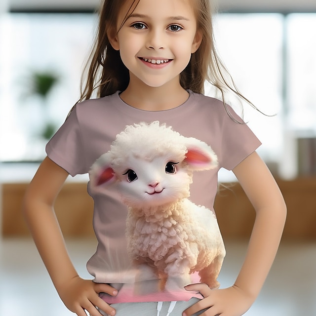  Voor meisjes 3D-T-shirt roze korte mouw 3D-print zomer lente actief mode schattig polyester Kinderen 3-12 jaar ronde hals buiten casual dagelijks normale pasvorm