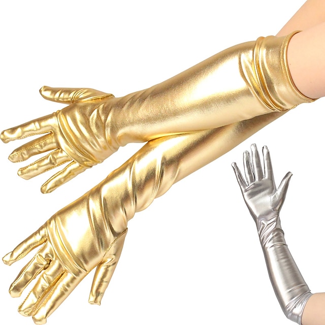  Lange Lacklederhandschuhe, sexy beschichtete Handschuhe, gold- und silberglänzendes Leder, lange Handschuhe, Stahlrohr-Bühnenhandschuhe