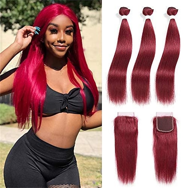  Red Hair Bundles Remy Hair 100% Brazilian Human Hair Straight Burgundy Weave Bundles with Lace Front Closure Hair Extension for Black Women Mixed Length