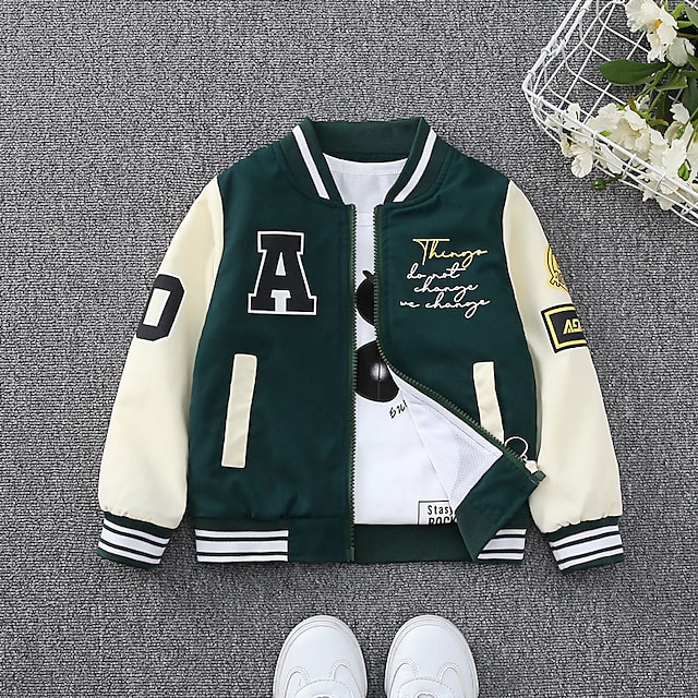  Kids Boys Baseball Jackets Outerwear Graphic Letter Long Sleeve Coat School Cool Daily Black Green Spring Fall 7-13 Years