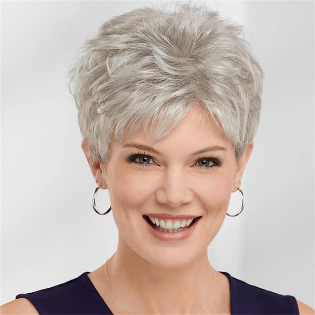  Synthetic Wig Curly Pixie Cut Machine Made Wig Short A1 Synthetic Hair Women's Soft Fashion Easy to Carry Silver