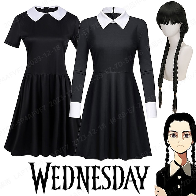  Vestido de miércoles Addams para adultos, familia Addams, vestido gótico para mujer, película, cosplay, fiesta de disfraces, pequeño vestido negro, mascarada con peluca de miércoles Addams, lindo