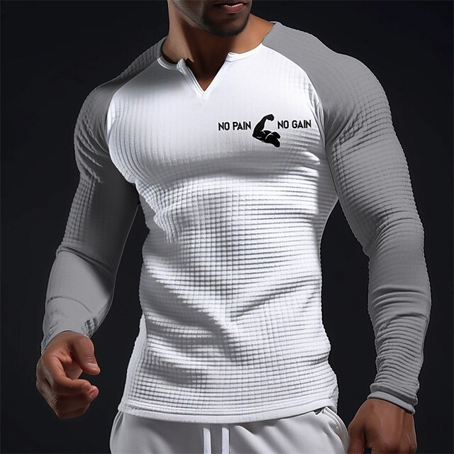 Men's Muscle Graphic Color Block Waffle Shirt T Shirt Raglan T Shirt Long Sleeve T shirt 3D Print V Neck Shirt Daily Classic Casual Sports Outdoor Holiday Going out Black White Light Grey Spring4