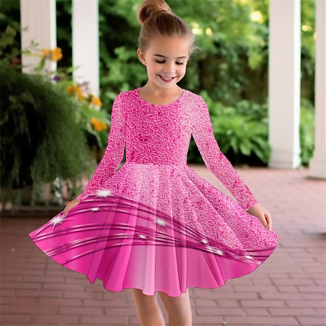 3D-grafische jurk voor meisjes, roze, lange mouwen, 3D-print, lente, herfst, sport & outdoor dagelijks vakantie schattig casual mooi kinderen 3-12 jaar casual jurk a-lijn jurk boven de knie polyester