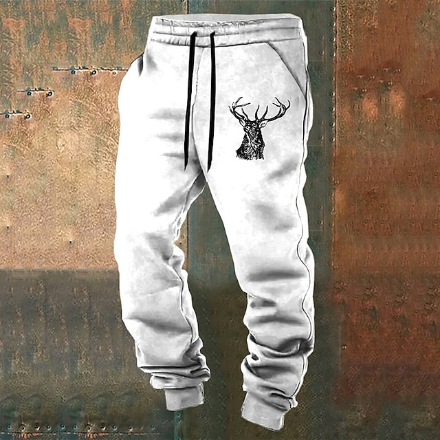  Elk Vintage Men's 3D Print Sweatpants Joggers Pants Trousers Outdoor Street Casual Daily Polyester Lake blue White Blue S M L Mid Waist Elasticity Pants