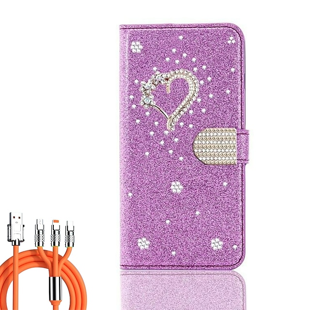  Phone Case + 3 in 1 Multi Fast Charge Cable for iPhone 15 14 13 12 11 Pro Max Mini SE X XR XS Max 8 7 Plus Wallet Case Flip Cover with Stand Holder Bling Glitter Shiny Rhinestone PU Leather