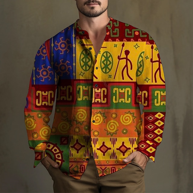  etnické vintage tribal pánská košile denní nošení jít ven víkend podzim& zimní stojací límeček dlouhý rukáv červená, fialová, oranžová s, m, l slub látková košile