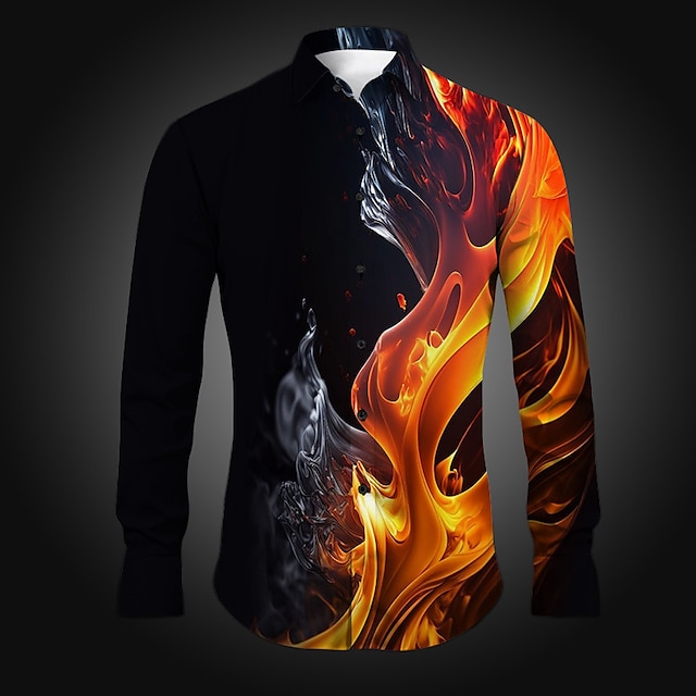  Labareda Abstracto Homens Camisa Social Roupa Diária Para Noite Primavera Aberto para a Lateral Manga Longa Amarelo, Vermelho, Azul S, M, L Tecido elástico de 4 vias Camisa