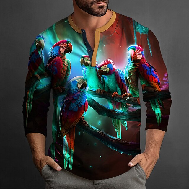  Per uomo Pop art Pappagallo Camicia Henley Manica lunga Stampa 3D Di tendenza Giornaliero Informale Informale Per eventi Per uscire Primavera & Autunno Rosso Blu Verde scuro Verde Blu scuro Henley