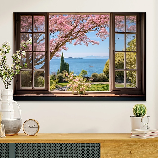  Paesaggio parete arte tela falsa finestra primavera fiori di ciliegio stampe e poster immagini pittura decorativa su tessuto per soggiorno immagini senza cornice