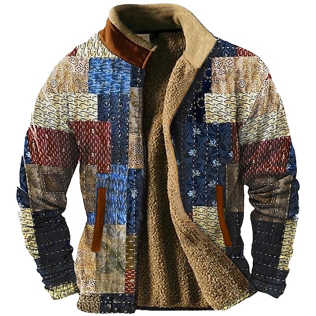  Hombre Graphic Retazos Sudaderas Sudadera con cremallera Chaqueta de lana Abrigos Manga Larga Camisa de entrenamiento Escote Chino Diario Casual retro de la vendimia Vacaciones Festivos Noche Vellón