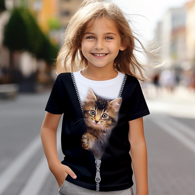  Pige 3D Kat T-shirt Skjorte Kortærmet 3D-udskrivning Sommer Aktiv Mode Sød Stil Polyester Børn 3-12 år Rund hals udendørs Afslappet Daglig Regulær