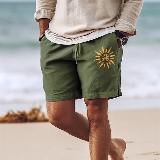  мужские хлопковые шорты летние шорты пляжные шорты с принтом на шнурке эластичная талия солнцезащитный комфорт дышащие короткие для отдыха на природе смесь хлопка гавайский повседневный черный
