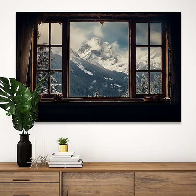  Paysage mur art toile fausse fenêtre hiver neige montagne impressions et affiches photos tissu décoratif peinture pour salon photos sans cadre