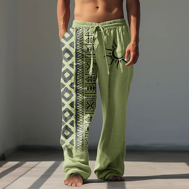 Men's Sun Tribal Linen Pants Pants Trousers Baggy Pants Mid Waist Vintage Outdoor Daily Wear Streetwear Fall & Winter Green Khaki Gray 5