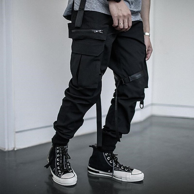  Men's Cargo Pants Joggers Techwear Drawstring Elastic Waist Multi Pocket Plain Comfort Wearable Casual Daily Holiday Sports Fashion Black