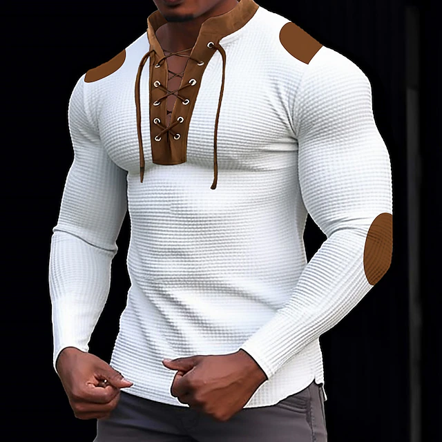 Men's T Shirt Waffle Knit Tee Tee Top Long Sleeve Shirt Long Sleeve Standing Collar Spring & Fall Color Block Fashion Designer Basic Lace up Patchwork Vacation Street Going out Black White Blue Top 13