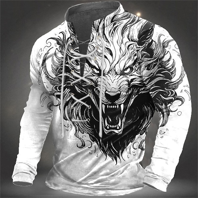  Wolf Graphic Prints Men's Daily 3D Print Sweatshirt Holiday Going out Streetwear Sweatshirts White Brown Long Sleeve Stand Collar Lace up Print Spring &  Fall Designer Hoodie Sweatshirt