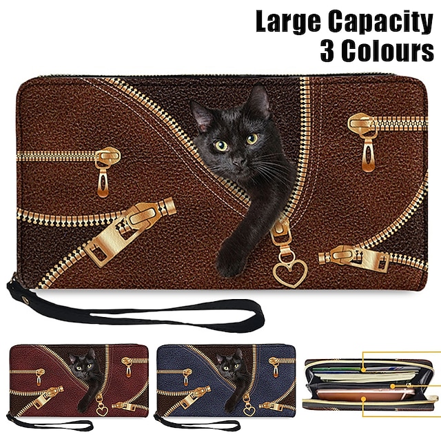  Women's Wallet Coin Purse Credit Card Holder Wallet PU Leather Shopping Daily Holiday Zipper Large Capacity Durable Cat Dark Red Blue Coffee