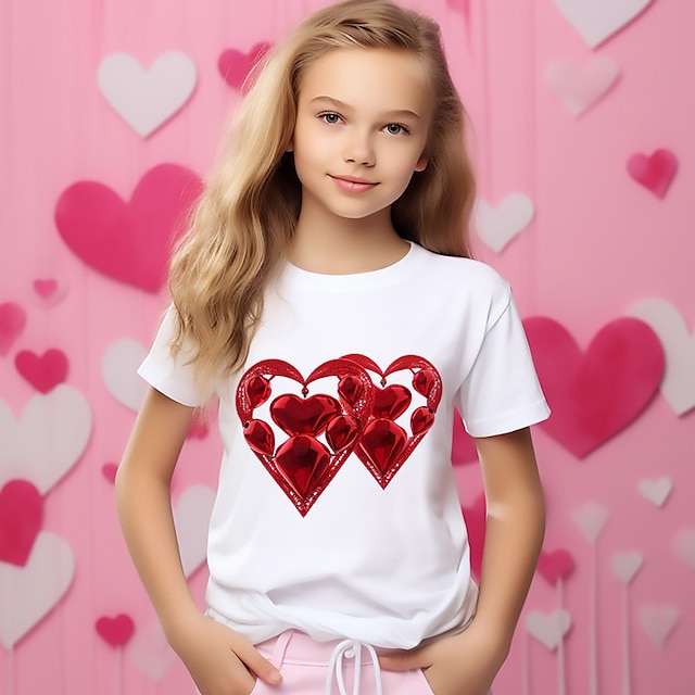  Alla hjärtans dag Flickor 3D Hjärta T-shirt Skjorta Kortärmad 3D-tryck Sommar Vår Aktiv Mode söt stil Polyester Barn 3-12 år Rund hals Utomhus Ledigt Dagligen Normal