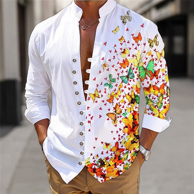 Men's Butterfly Shirt Linen Shirt Long Sleeve Casual Daily Wear Going out Weekend Spring Standing Collar Print Button-Down Blue Purple Orange4