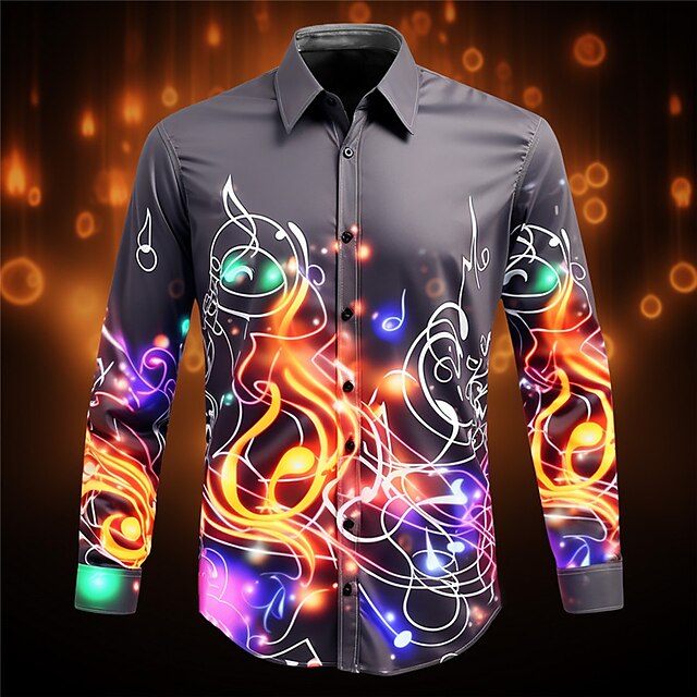  Men's Musical Notes Shirt Button Up Shirt Long Sleeve Artistic Abstract Daily Wear Going out Fall & Winter Turndown Print Button-Down Yellow Red