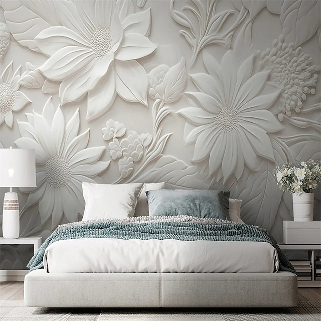  Cool Wallpapers 3D Flower White Wallpaper Wall Mural Wall Covering Sticker Peel and Stick Removable PVC/Vinyl Material Self Adhesive/Adhesive Required Wall Decor for Living Room Kitchen Bathroom