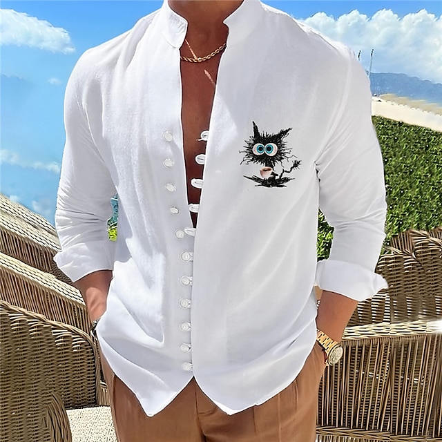  Męskie Zmywalna tkanina bawełniana Koszula lniana koszula Kot Nadruk Przycisk w dół Długi rękaw Stójka Biały, Rumiany róż, Niebieski Koszula Dzienne zużycie Wyjściowe Weekend