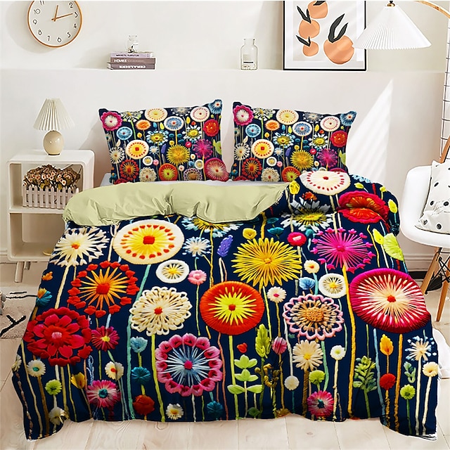  blommig täcke konst mönster påslakan set täcke set mjuk 3-delad lyxiga sängkläder i bomull heminredning present kung drottning full storlek