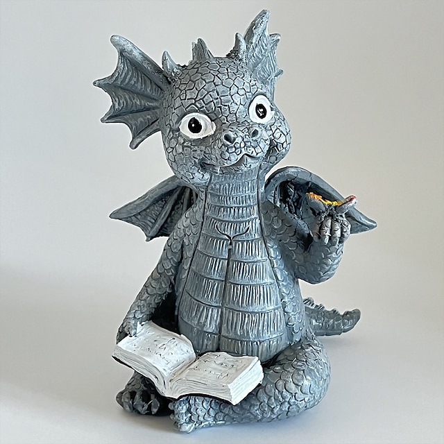  Statue de livre de lecture de dragon pour bébé, sculpture de dragon, sculpture de jardin pour l'extérieur, décoration de porche et d'arrière-cour