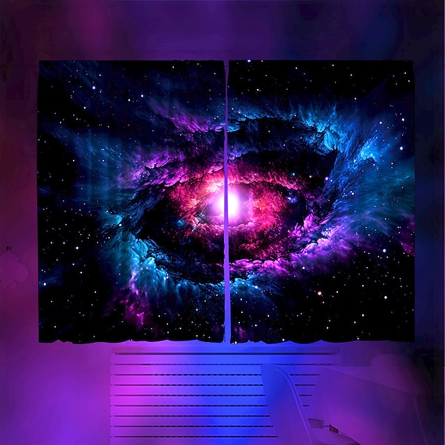  Blacklight Window Curtain UV Reactive Glow in the Dark Trippy Misty Galaxy Universe Nature Landscape for Living Room Bedroom Kid's Room Decor