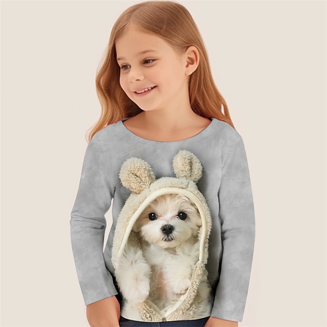  女の子 3D 犬 Ｔシャツ シャツ 長袖 3Dプリント 春 秋 活発的 ファッション かわいいスタイル ポリエステル 子供 3〜12年 クルーネック アウトドア カジュアル 日常 レギュラー