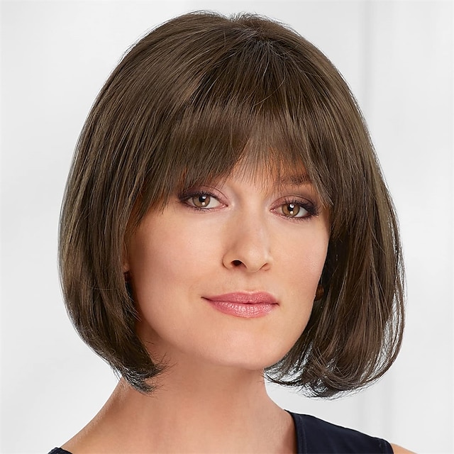  Chin-Length Bob Wig with Natural Looking Crown and Flirty Bangs/Multi-tonal Shades of Blonde Silver Brown and Red